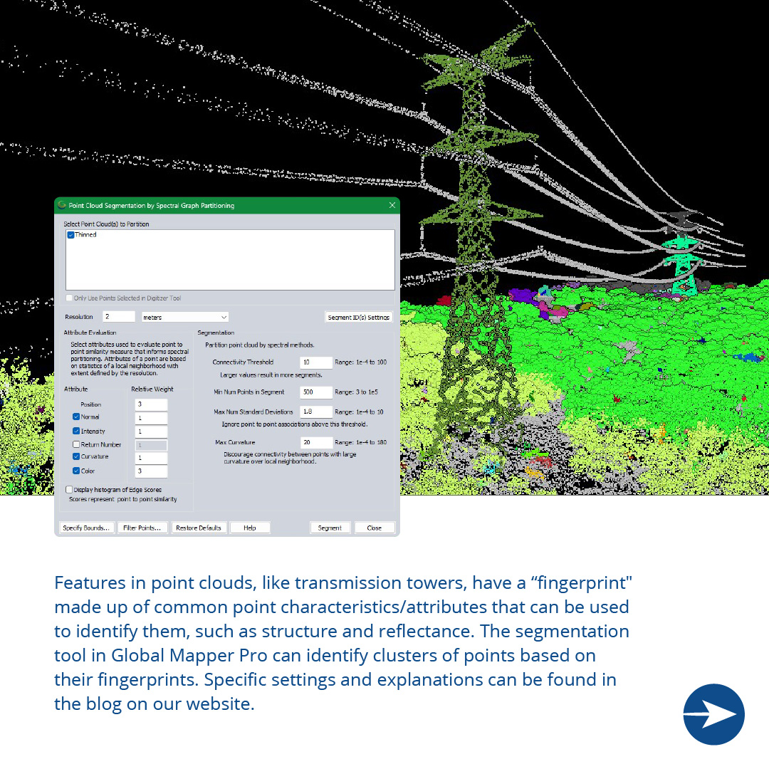 BlueMarbleGeo's tweet photo. In this infographic, learn about classifying transmission towers in point clouds using #GlobalMapper's segmentation tool. https://t.co/3vWQfJojkB