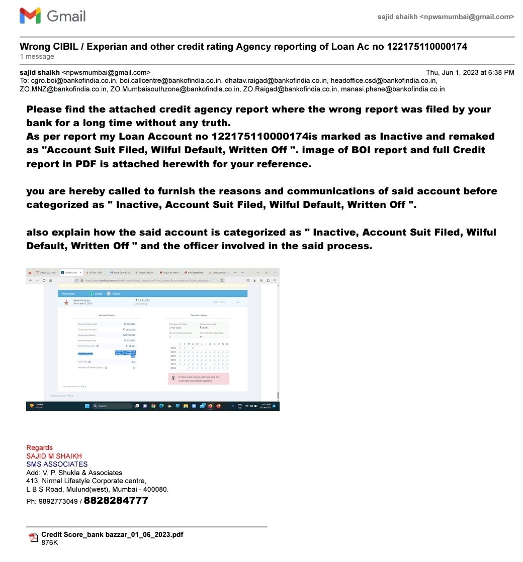 @BankofIndia_IN @RBI @FinMinIndia #bankofindia #reservebankofindia @CIBIL @ExperianIndia @TransUnionCIBIL #wrong #wrongcibil #wrongreport