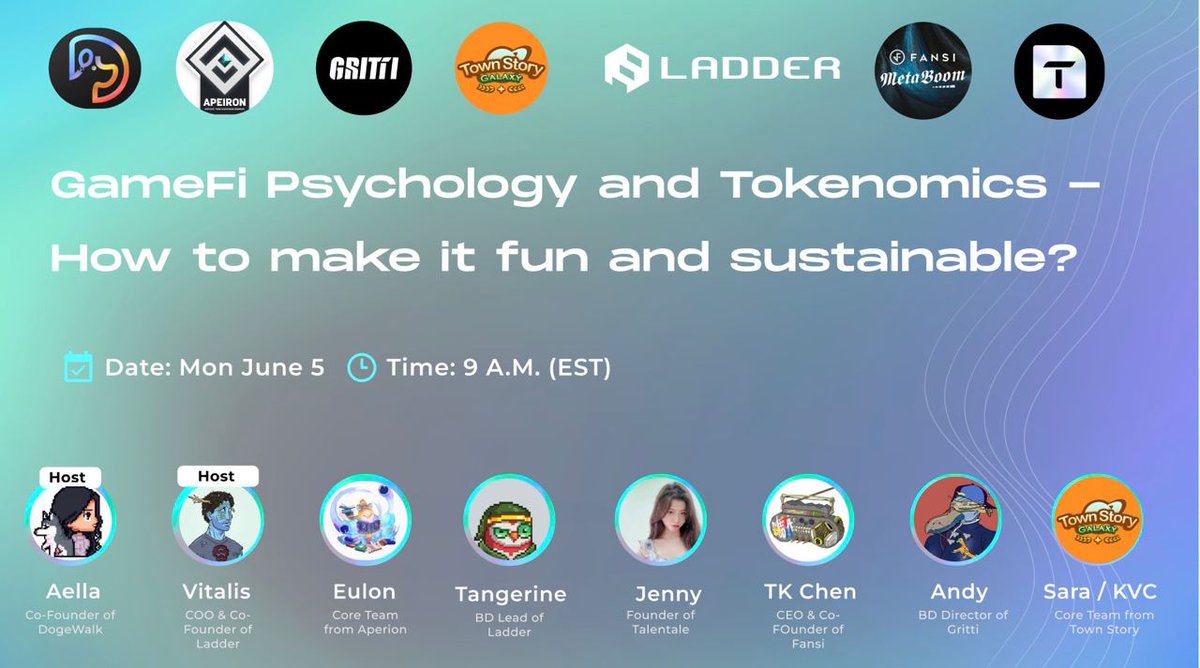 Ladder fam! An amazing Founders' night is upon us:

🔊GameFi Psychology and Tokenomics

🗓️Monday, June 5th
⏰9AM EST

🎙️Our very own <a href="/VitalisElkins/">Vitalis (cute/acc)</a> &amp; Aella (@dogewalk_app)

🗣️Speakers:
<a href="/ApeironNFT/">Apeiron</a>
<a href="/TalenTale_Dapp/">TalenTale</a>
<a href="/metaboom_nft/">FANSI GO 🎧 | Web3 ticketing Service ✨</a>
<a href="/GrittiApp/">Gritti | The Web3 Social Fitness App</a>
<a href="/townstorygamefi/">TownStory Galaxy｜AI Game is coming</a>

x.com/i/spaces/1MYGN…