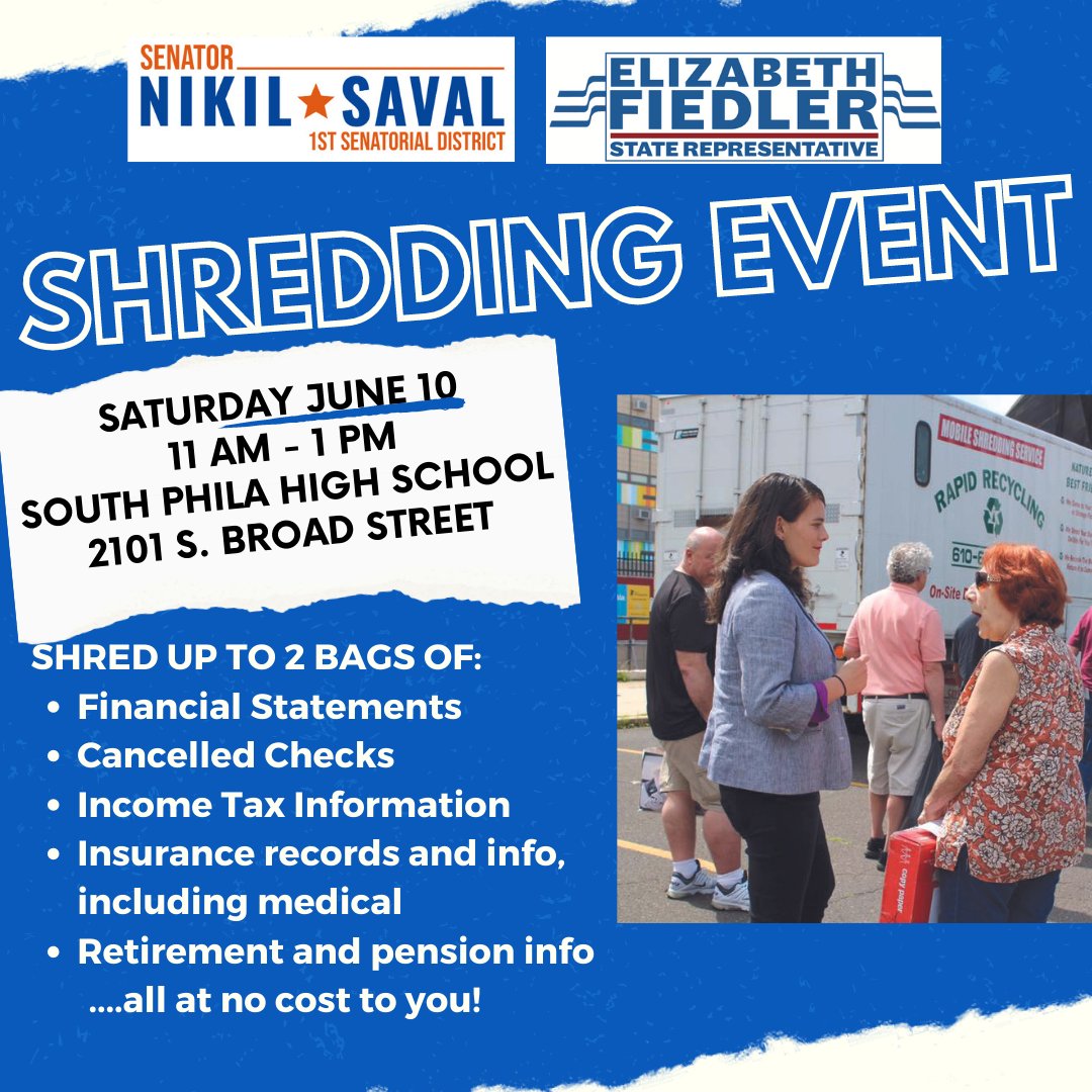 SenatorSaval's tweet image. On Saturday, June 10, join @RepFiedler and me for a free paper shredding event at South Philly High! Bring up to 2 bags of your unneeded and outdated sensitive documents for quick, easy, confidential shredding. No RSVP needed. Come anytime between 11am and 1pm!