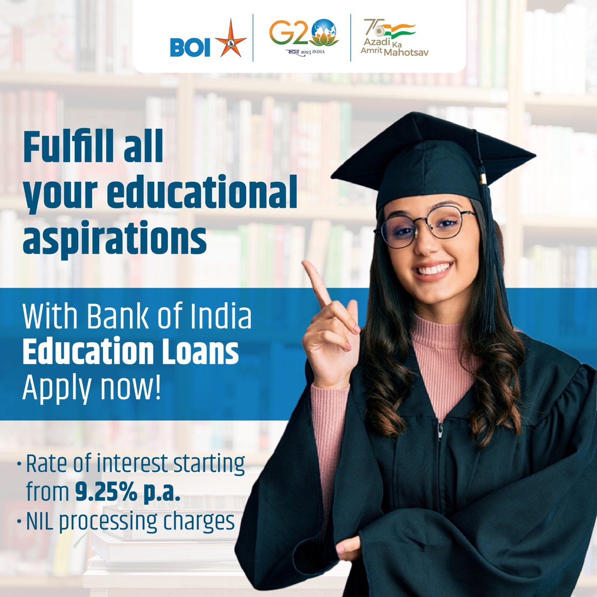 Now you have an opportunity to get into a college of your choice with BOI Education Loans. Click here to fulfill all your educational aspirations: bit.ly/3o2x3bO
#BankofIndia #AmritMahotsav #educationloan #education #aspirations #opportunity