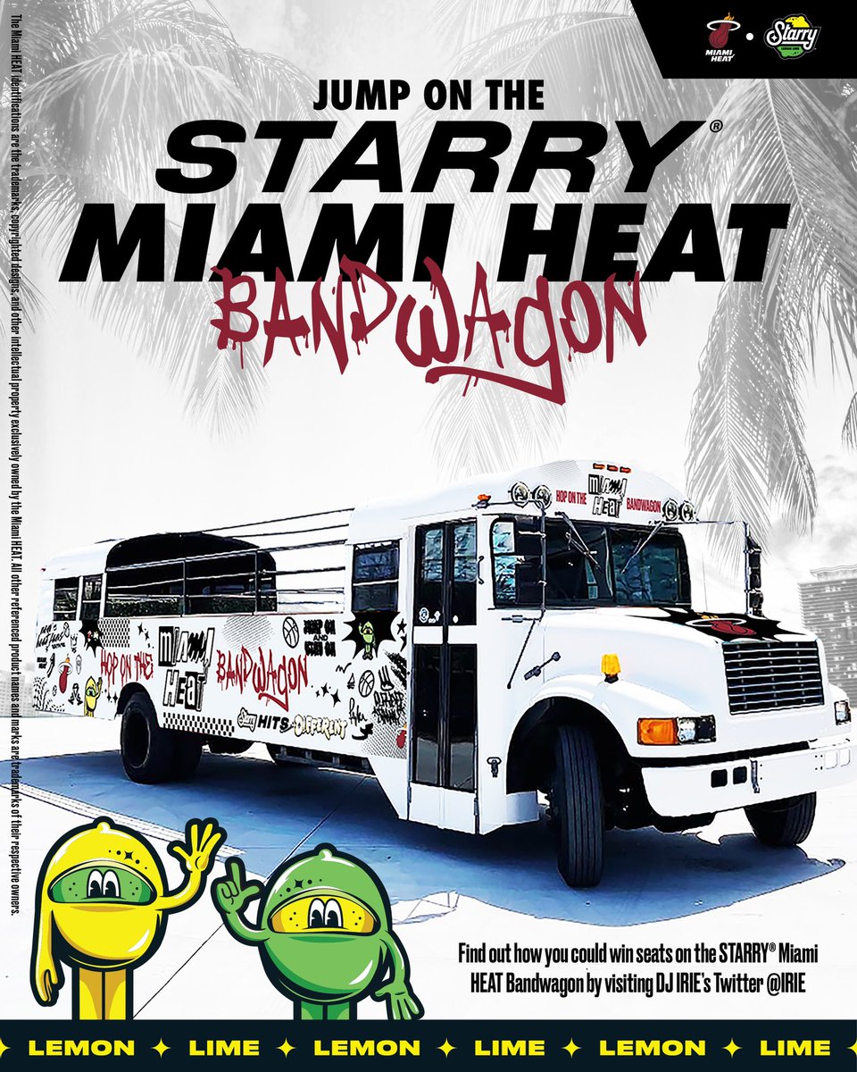 .@MiamiHEAT fam. STARRY is giving away 20 seats on the #Heat bandwagon for Game 3. Reply with why NBA fans should jump on the Miami bandwagon and tag @starrylemonlime + #MiamiHeatBandwagonContest by 6/4 for the chance to win. 21+, FL res. Rules: bit.ly/3WK1Jvb #ad