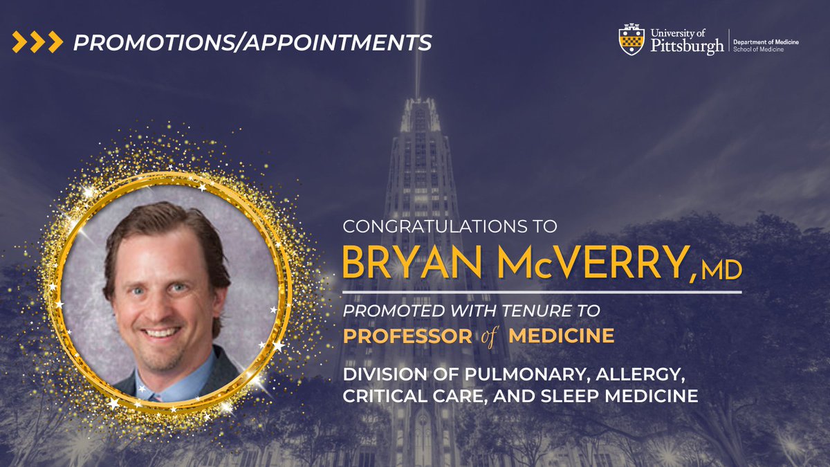 Congratulations to Dr. Bryan McVerry, who was recently promoted to Professor of Medicine with tenure in the Division of Pulmonary, Allergy, Critical Care, and Sleep Medicine! 🎉🎊🎉
