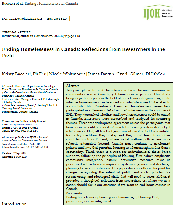 NEW ARTICLE! Available now as open access, online first at: ojs.lib.uwo.ca/index.php/ijoh…… Kristy Buccieri @critical_kristy and colleagues interviewed experts to define the 4 key things that need to be done to end homelessness in Canada (and elsewhere):