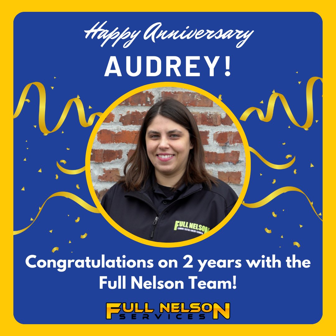 Happy 2nd Anniversary to Audrey! 🎊 We are grateful to have you as a valuable member of our customer service team. Here's to many more years of growth and accomplishments!🥳 #HappyAnniversary #Workiversary #FullNelsonTeam #CustomerServiceExcellence #PlumbingExperts #HVACExperts