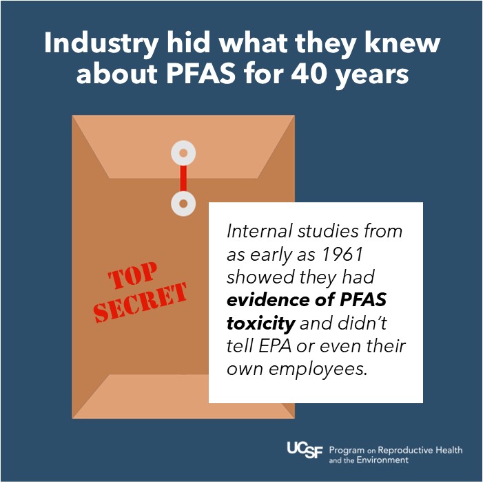 UCSF_PRHE's tweet photo. BREAKING: PRHE scientists analyzed chemical industry documents showing how #PFAS manufacturers covered up the harms of their products. Time to strengthen #EPA regulations to ensure this can't happen again.

https://t.co/3rFFBU5XGU https://t.co/x9XYlViiP9