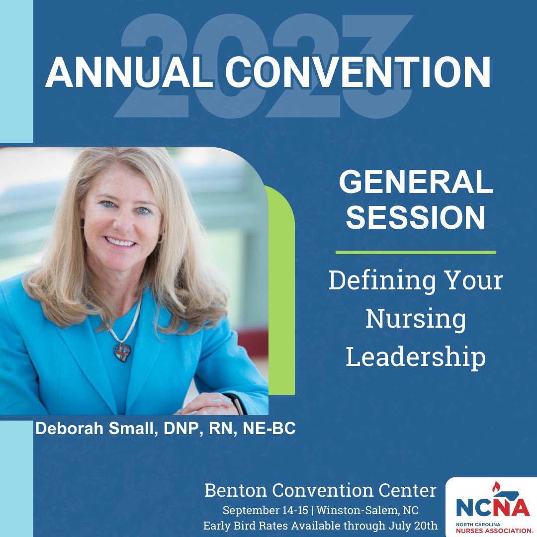NCNA's tweet photo. #NCNA23 Agenda Spotlight: We are thrilled to have @DeborahSmall15!

📆 September 14-15, 2023
📍 Winston-Salem | Benton Convention Center
📝 Up to 24.5 CH
🐦 Early Bird discount rates available now!

Reserve your spot today at https://t.co/8p6F6srZwy

#NursingForward® https://t.co/pnEZ9ois3B