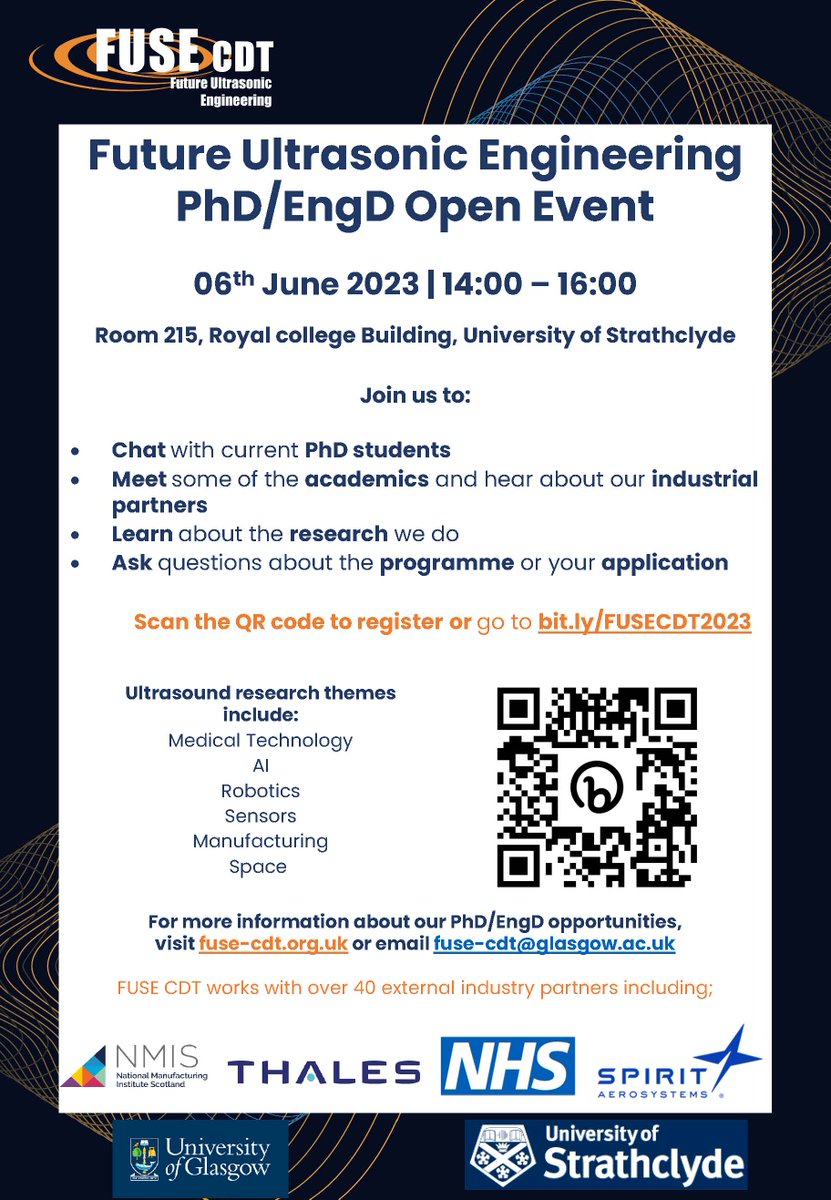 Last chance to sign up to our open event at the University of Strathclyde tomorrow! Join us to learn about FUSE's unique #ultrasonic #engineering unit and why a career in #ultrasound is right for you.

Register now at bit.ly/FUSECDT2023 #career #phd #glasgow #strathclyde