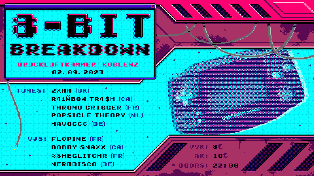 yo #chiptune scene, 8 Bit Breakdown is back again! celebrate the beeps and boops with us this september with an awesome line up @_2xAA @rnbwtrsh @PopsicleTheory @CriggerThrono @havocCcmusic VJs @FlopineYeah @NERDDISCO Bobby Snaxx ≈sheglitchr flyer design: @drOMGp