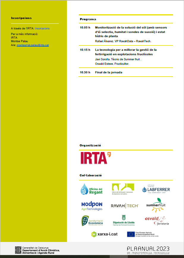 📢 'Jornada de presentació del projecte demostratiu @Fertidigital'.

🗓️ 06 de juny 2023
⏰ de 09 a 10:30h
💻 ON-LINE

✍️ La jornada és gratuïta, però cal inscripció prèvia al següent enllaç: transferencia.irta.cat/activitats/jor…

@FertiDigital
#DemosPATT
<a href="/agriculturacat/">Agricultura</a>
<a href="/ruralcat/">Ruralcat</a>
<a href="/irtacat/">IRTA</a>
