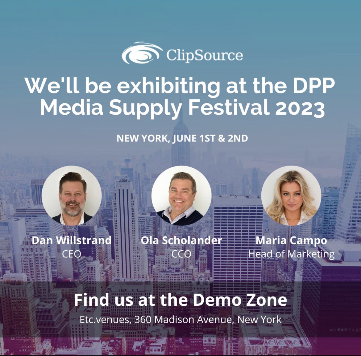 clipsource's tweet image. DPP Media Supply Festival just started in NY. Meet @clipsource in the demo zone to see how media and entertainment companies increase exposure and awareness of their content.
#MSF2023
