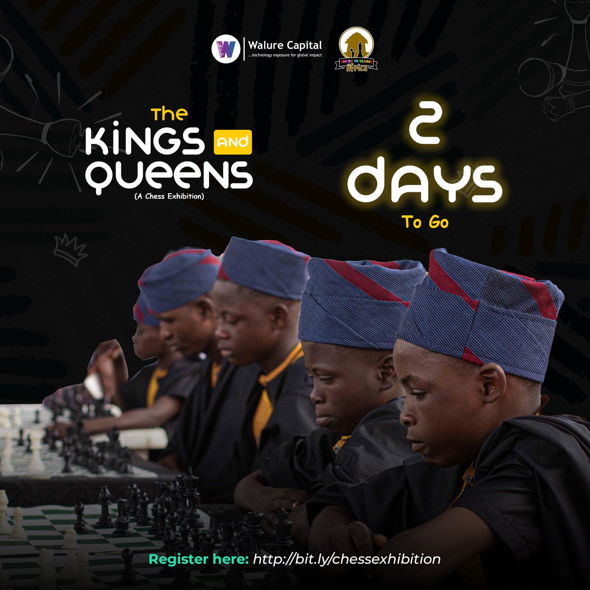 2 days to go! 🎉 

Join us as we embark on an extraordinary journey of creating unforgettable memories together @chessinslums 

Save the date: Saturday, June 3rd, 2023. Don't miss out on this incredible event! Secure your spot by completing the form⏰

bit.ly/chessexhibition