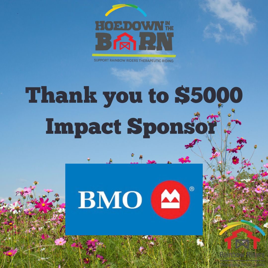 We’re tipping our hats to another generous Hoedown in the Barn $5000 Impact Sponsor, <a href="/BMO/">BMO</a> Thank you for continuing to create positive #impact for Rainbow Rider’s many participants🙏🏻🌈🐎#impactsponsor #hoedowninthebarn #bmo #rainbowridersnl #therapeuticriding