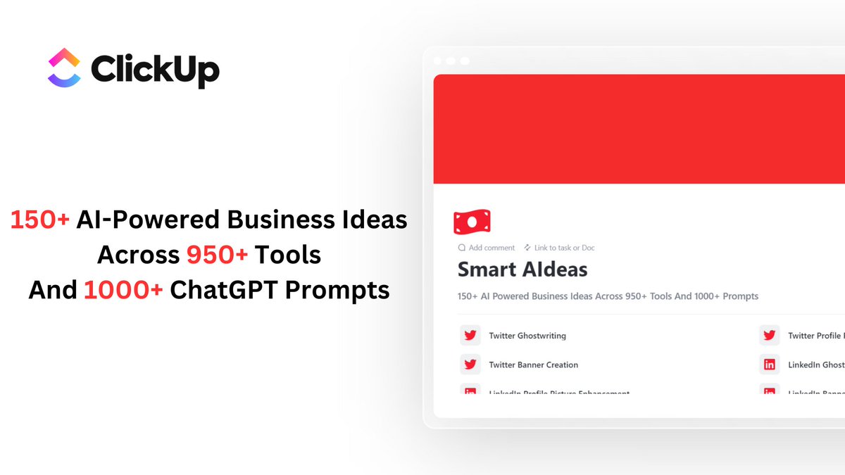 AI world is huge.

 I've prepared a resource that has 150+ AI business ideas across 950+ AI tools and 1000+ ChatGPT prompts.

It is FREE only for 24 hours.

To get it,
1. Like
2. Comment '❤️'
3. Retweet

I'll send it for FREE.

You must be following me or I can't send it.