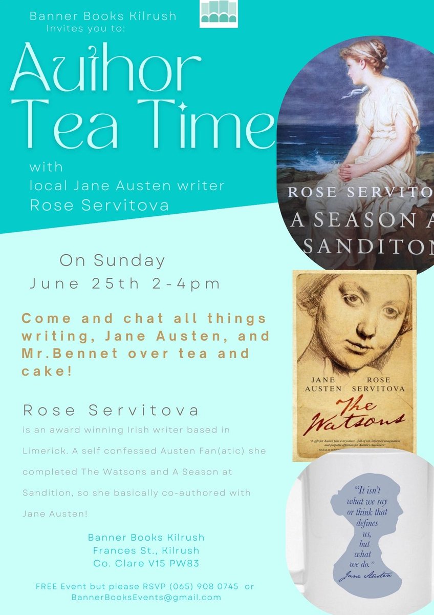 Rose Servitova (@roseservitova) on Twitter photo Free #literary event at #Kilrush branch of <a href="/Banner_Books/">Banner Books, Ennistymon & Kilrush</a> June 25th 2pm
Am delighted to be asked to talk at this? Pls come along. We've been promised tea, cake & chats about #JaneAusten
RSVP to BannerBooksEvents@gmail.com or 065-9080745
#authortalk #histfic #irishwriter Free #literary event at #Kilrush branch of <a href="/Banner_Books/">Banner Books, Ennistymon & Kilrush</a> June 25th 2pm
Am delighted to be asked to talk at this? Pls come along. We've been promised tea, cake & chats about #JaneAusten
RSVP to BannerBooksEvents@gmail.com or 065-9080745
#authortalk #histfic #irishwriter