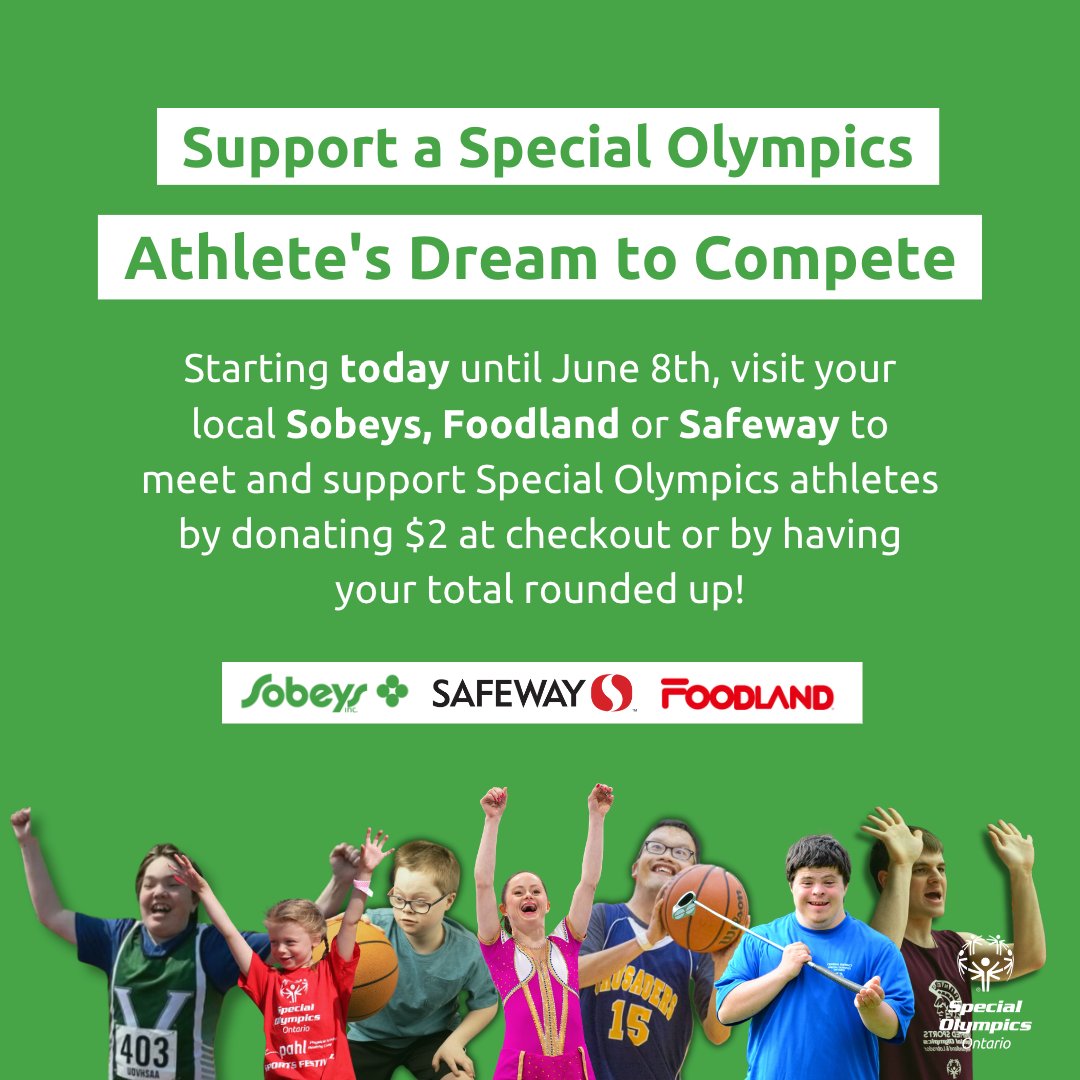 Starting today until June 8th, say “YES” to donating $2 or rounding up your bill at check out. Visit your local <a href="/sobeys/">Sobeys</a> <a href="/SafewayCanada/">Safeway Canada</a> or <a href="/FoodlandOnt/">Foodland Ontario</a> to support SOO athletes. Visit specialolympicsontario.com/sobeys to learn more!