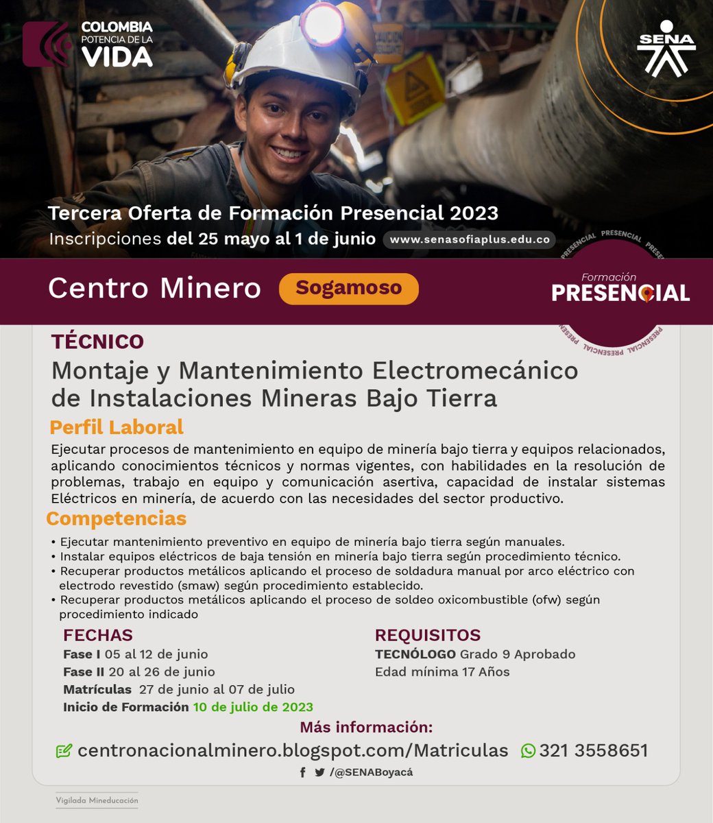 #ProfesionalesConFuturo eso serán nuestros Técnicos en MOntaje y Mantenimiento Electromecánico de Instalaciones MIneras Bajo Tierra ampliamente solicitados por Empresas como Milpa, UNIMINAS, INCARSA, entre otros. Acá tienes futuro !!! Inscribete en #SofiaPlus <a href="/SENABoyaca/">SENA Boyacá</a>
