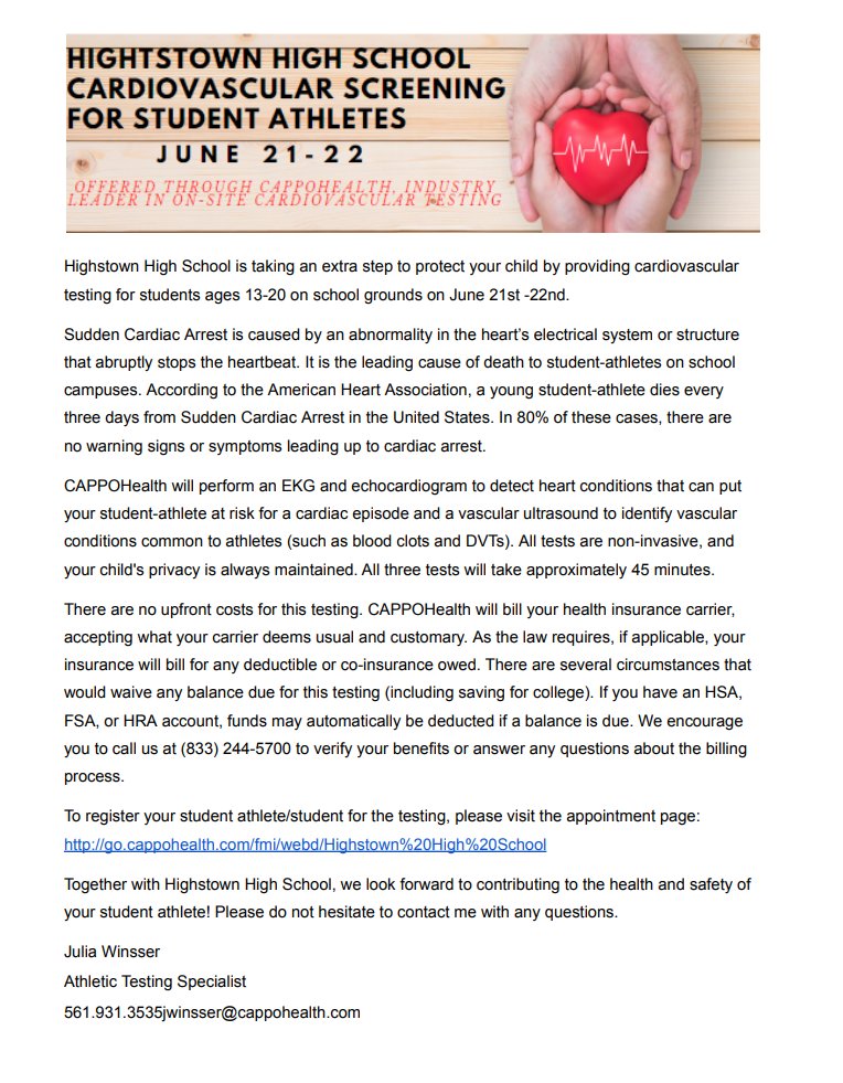 EWRSDK12's tweet image. Highstown High School is taking an extra step to protect your child by providing cardiovascular testing for students ages 13-20 on school grounds on June 21-22.

To register your student athlete/student for the testing, please visit the appointment page: go.cappohealth.com/fmi/webd/Highs…