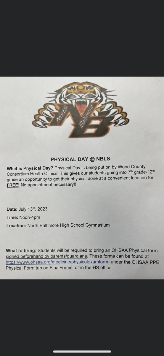 North Baltimore Physical Day!! Bring a signed OHSAA physical form!