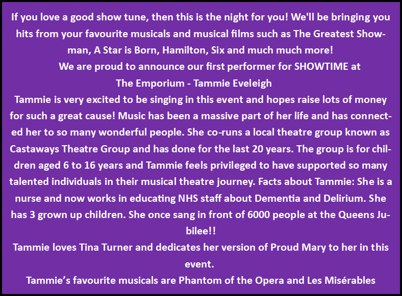 YHCharity's tweet photo. SHOWTIME at The Emporium Cafe. An evening of music from stage and screen in aid of the Dementia care team at Yeovil Hospital. Tickets available from: https://t.co/BZqspNXNN0 https://t.co/ufl3cZl141