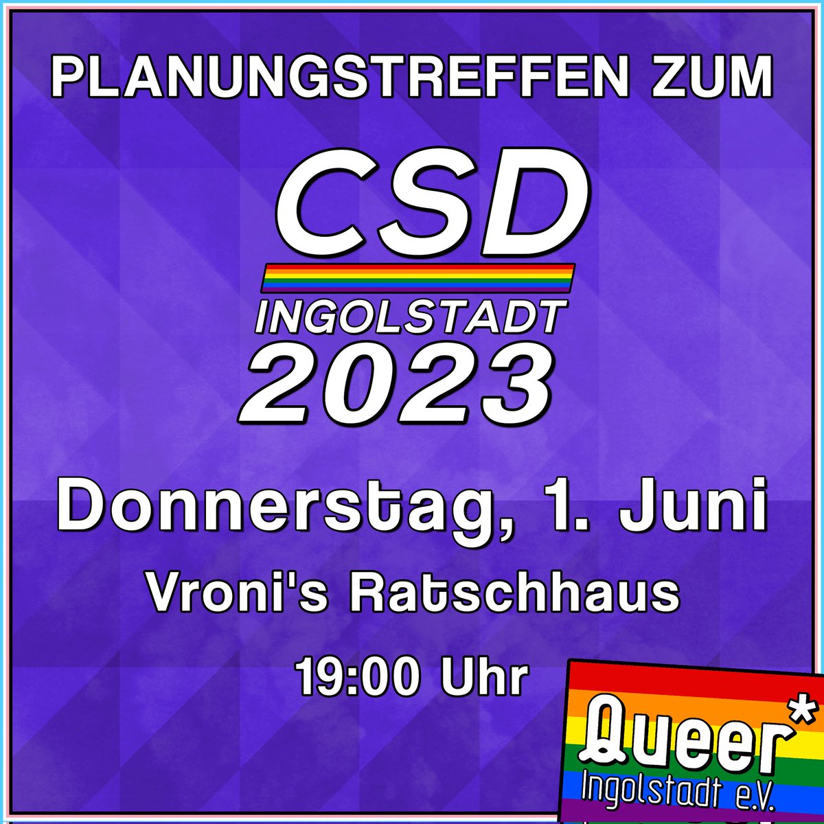CSDIngolstadt's tweet photo. Wir laden euch heute zum 3. Planungstreffen des CSD Ingolstadt 2023 ein! 🏳‍🌈🏳️‍⚧️
Das Planungstreffen findet heute um 19 Uhr im Ratschhaus statt!

Kommt gerne vorbei! 😄

#queer #ingolstadt #queeringolstadt #csdingolstadt #csdingolstadt2023 #lgbtq #pride https://t.co/DxCRxEuRKN