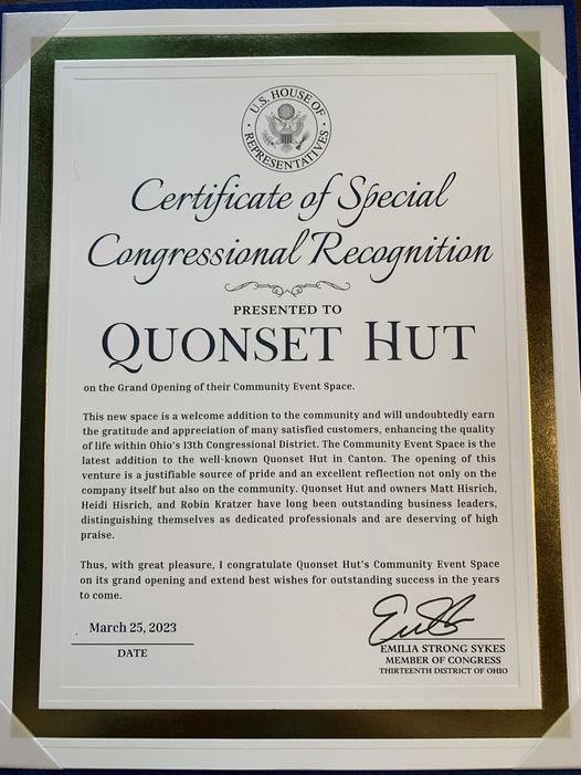 badartonbadart's tweet image. Thank you so much to #Ohio 13th District Congresswoman @RepEmiliaSykes and her #StarkCounty Field Representative Doug Lane for this thoughtful Certificate in recognition of @Quonset_Hut’s new #CommunityEventSpace!

qhut.com/pages/communit…

#QuonsetHut #CantonOhio #TellAFriend