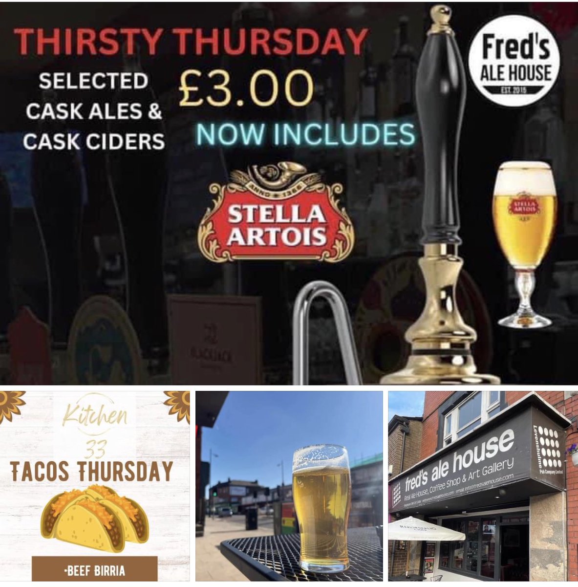 It’s #thirstythursday & #tacothursday tonight in Freds and the sun is out 💚❤️ #caskale #cider #stella just £3 a pint and Tacos from Kitchen 33 or 3 for £5  - RT to show the love