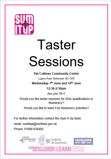 Come along to the Sum It Up taster session in Motherwell, 
#SkillsForLife 
#Multiply 
#UnlockYourPotential 
#MathsSkills 
#MathsConfidence
#becauseofCLD