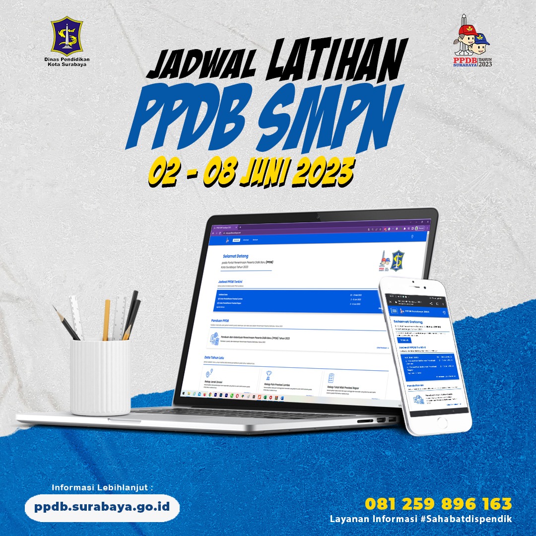 jangan lupa ya mulai besok tanggal 02 Juni 2023 s.d 08 Juni 2023 sudah bisa mulai uji coba pendaftaran PPDB jenjang SMP.  Cukup melalui web ppdb.surabaya.go.id. kemudian pilih jalur, memasukkan NIK, PIN yang didapat saat validasi, dapatkan kode One Time Password (OTP).