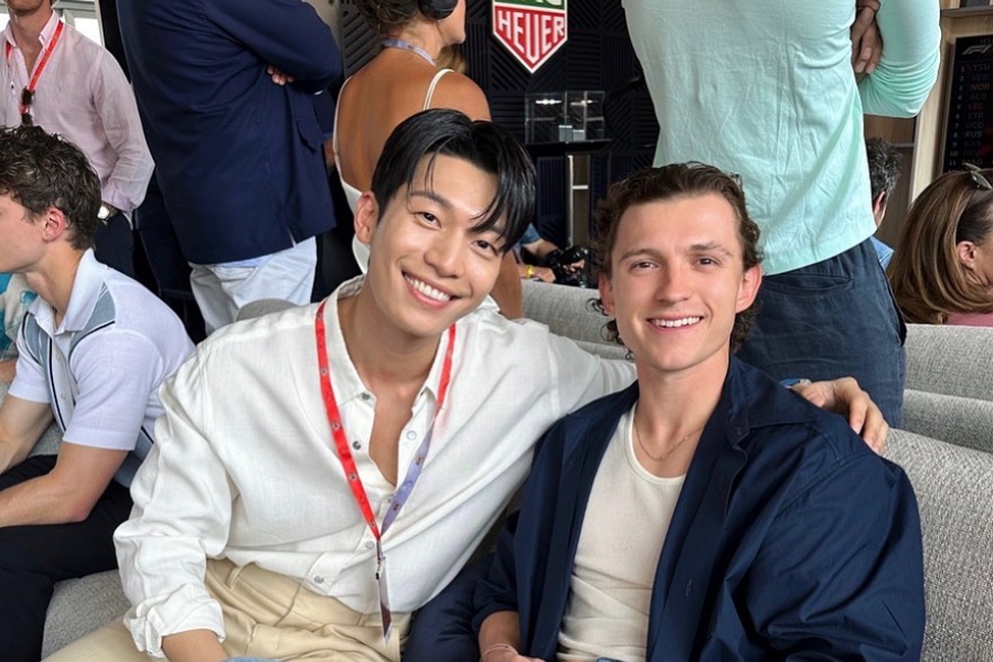 soompi's tweet photo. #WiHaJoon Poses With #TomHolland And More At TAG Heuer's Formula 1 Event In Monaco 
https://t.co/ZBaSoEkMUU https://t.co/Z3hO7NzXJV