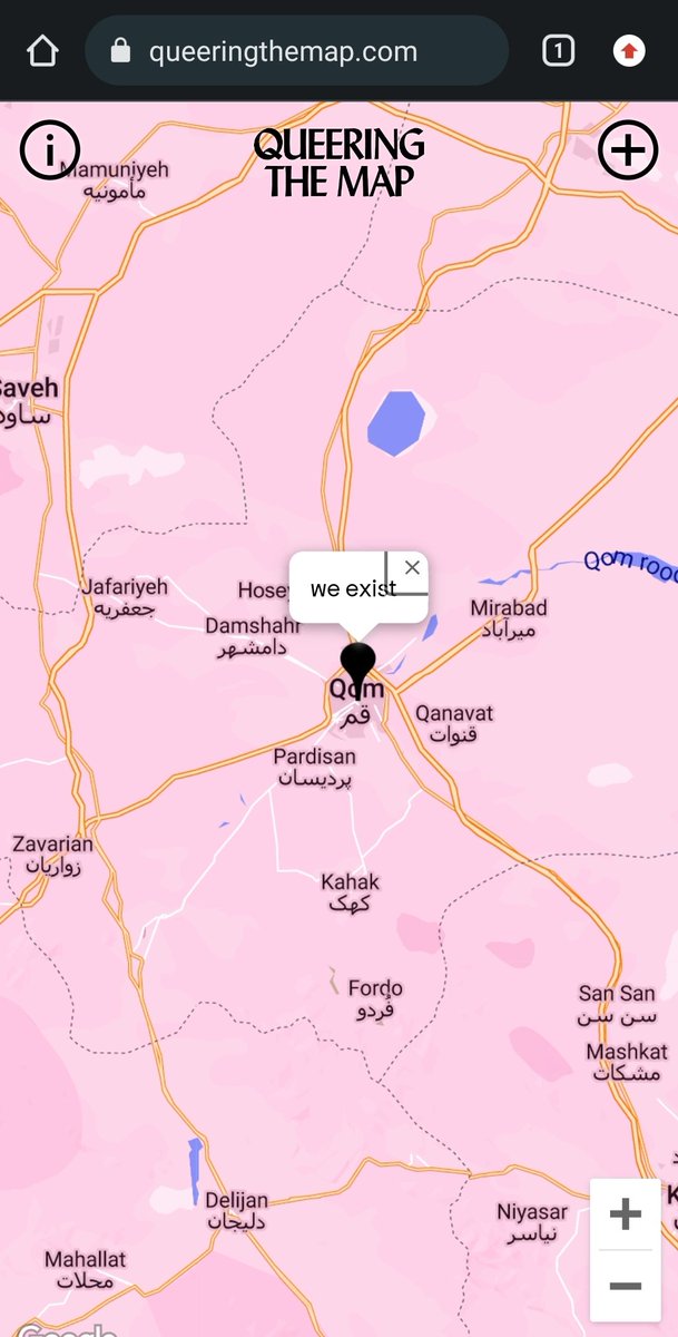 SohrabSaiii's tweet image. سایت queeringthemap.com، یه سایتیه که کوییرها تو هر جایی از جهان میتونن بیان رو نقشه یه پیام نا‌شناس بذارن.
این پیام رو قم بود...