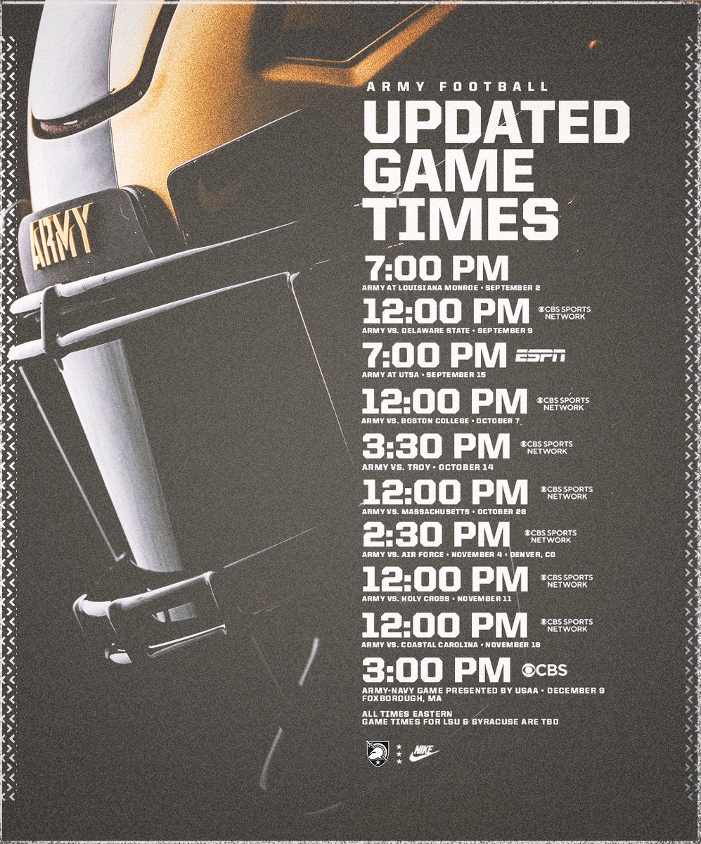 🚨 UPDATED GAME TIMES &amp; TV NETWORKS 🚨

We've got kick times for 10 of 12 games in 2023 along with TV networks for 9 games.    

#GoArmy