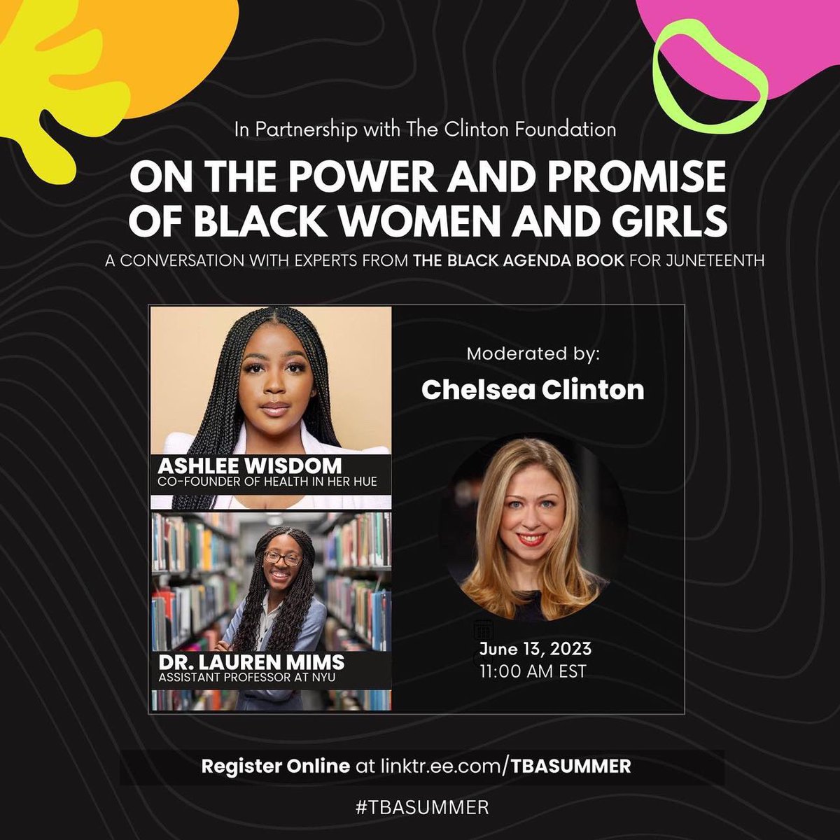 Dr. Lauren Mims 👩🏾🚀 (@drlaurenmims) on Twitter photo Yalllll I’m going to talk about the power and promise of Black women and girls with <a href="/ChelseaClinton/">Chelsea Clinton</a> (!!!!!!!) and @AshleeWisdom on June 13 at 11 AM ET! Honored! Nervous! Elated! All the things! 🥹🥹 You can join us virtually by registering at: tinyurl.com/tbasummer-cf 🍎 Yalllll I’m going to talk about the power and promise of Black women and girls with <a href="/ChelseaClinton/">Chelsea Clinton</a> (!!!!!!!) and @AshleeWisdom on June 13 at 11 AM ET! Honored! Nervous! Elated! All the things! 🥹🥹 You can join us virtually by registering at: tinyurl.com/tbasummer-cf 🍎
