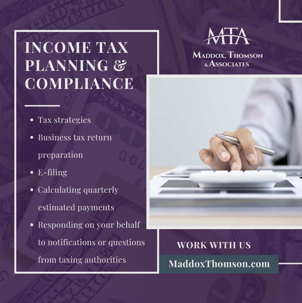 Income tax is all about compliance and communication. MTA provides its clients with innovative and proactive solutions for all their tax preparation needs. Discover more at: buff.ly/3kRJMwm

#taxaccounting #taxes #accounting #taxreturn #2022taxes #taxseason #cpa