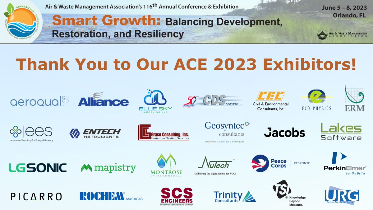 AirandWaste's tweet photo. Thank you to our ACE 2023 exhibitors! Visit their booths next week in Orlando and learn more at https://t.co/7l8wNScAaZ. #AwmaACE23 https://t.co/QCsjI81is6