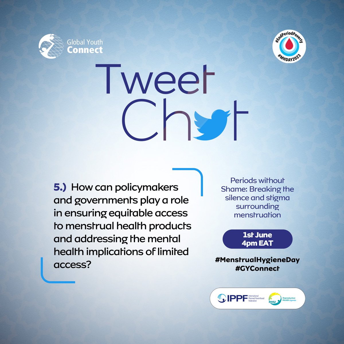GYouthConnect's tweet photo. @Vera_Tusiime @ippf @IPPFAR @RHUganda QN. 5️⃣

How can policymakers and governments play a role in ensuring equitable access to menstrual health products and addressing the mental health implications of limited access❓

#MenstrualHygieneDay https://t.co/QFQVFnVIHa