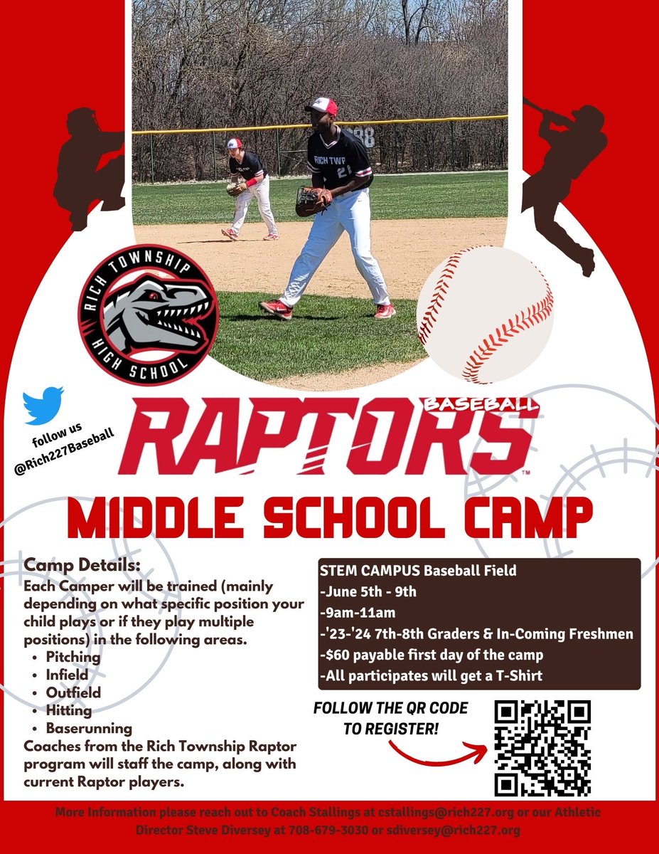 @Rich227Baseball will host a camp for 2023-24 7th and 8th Grade players as well as Rich 227 incoming Freshmen @RichTownshipHS STEM Campus Baseball Field June 5-9 9am-11am Hosted by Raptor Baseball Coaching Staff @cstallsr @_CoachBJ @1Corey_ @227Dean @RTHS_Athletics