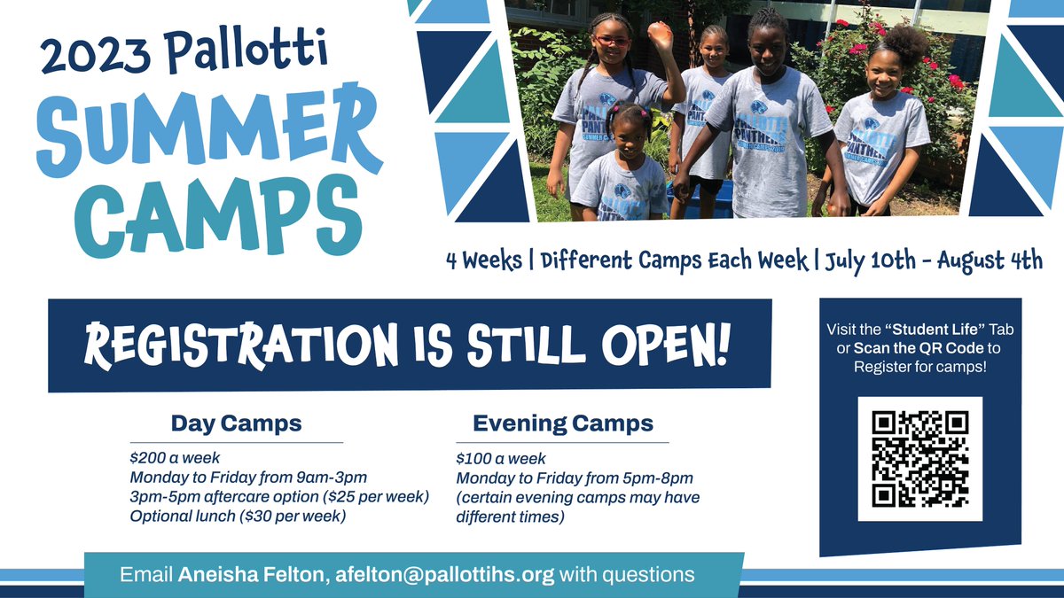 Registration is still open for Pallotti 2023 Summer Camps! Camps run for 4 weeks, with different camps each week from July 10th to August 4th. Scan the QR Code below to visit the website or click the link here: svphs.store.rankone.com/Camp/List