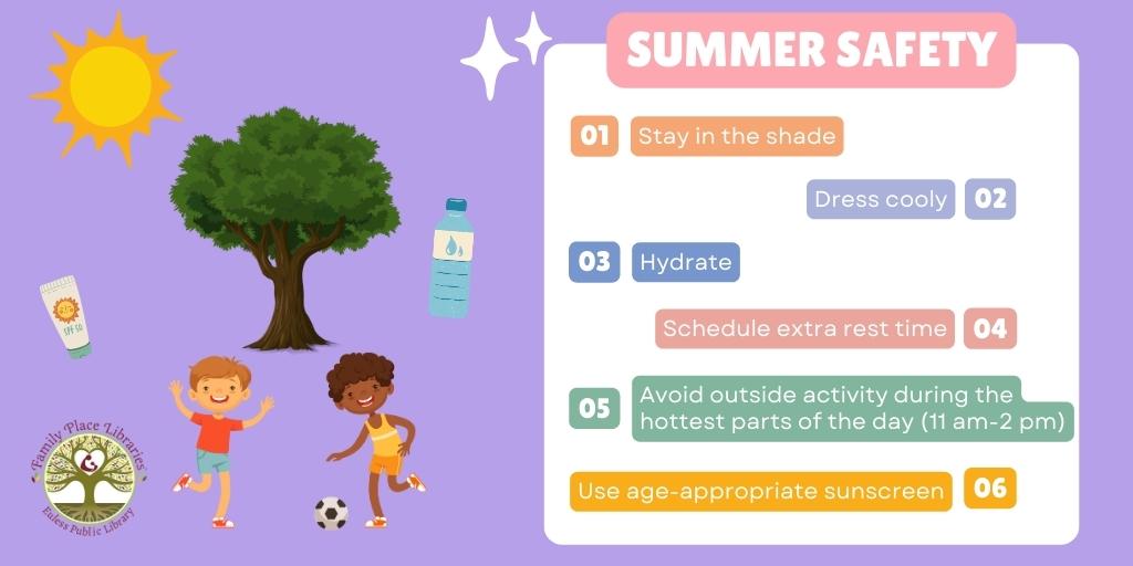 ☀️ Playing outside is important for children, but in Texas, it can get dangerous fast!  Stay safe with these tips!

#EulessLibrary #FamilyPlaceFriday #FamilyPlaceLibrary #SummerSafety #ParentingTips