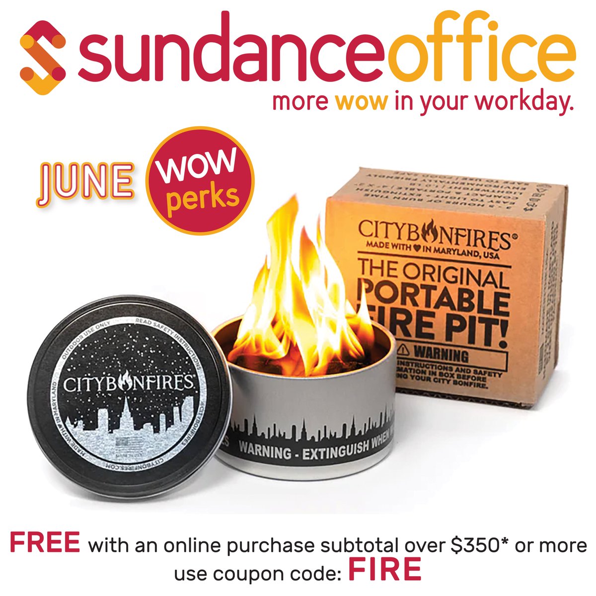 Check out this month's Wow Perk! Use code FIRE to get a FREE City Bonfire Portable Fire Pit with any purchase of $350! 🔥