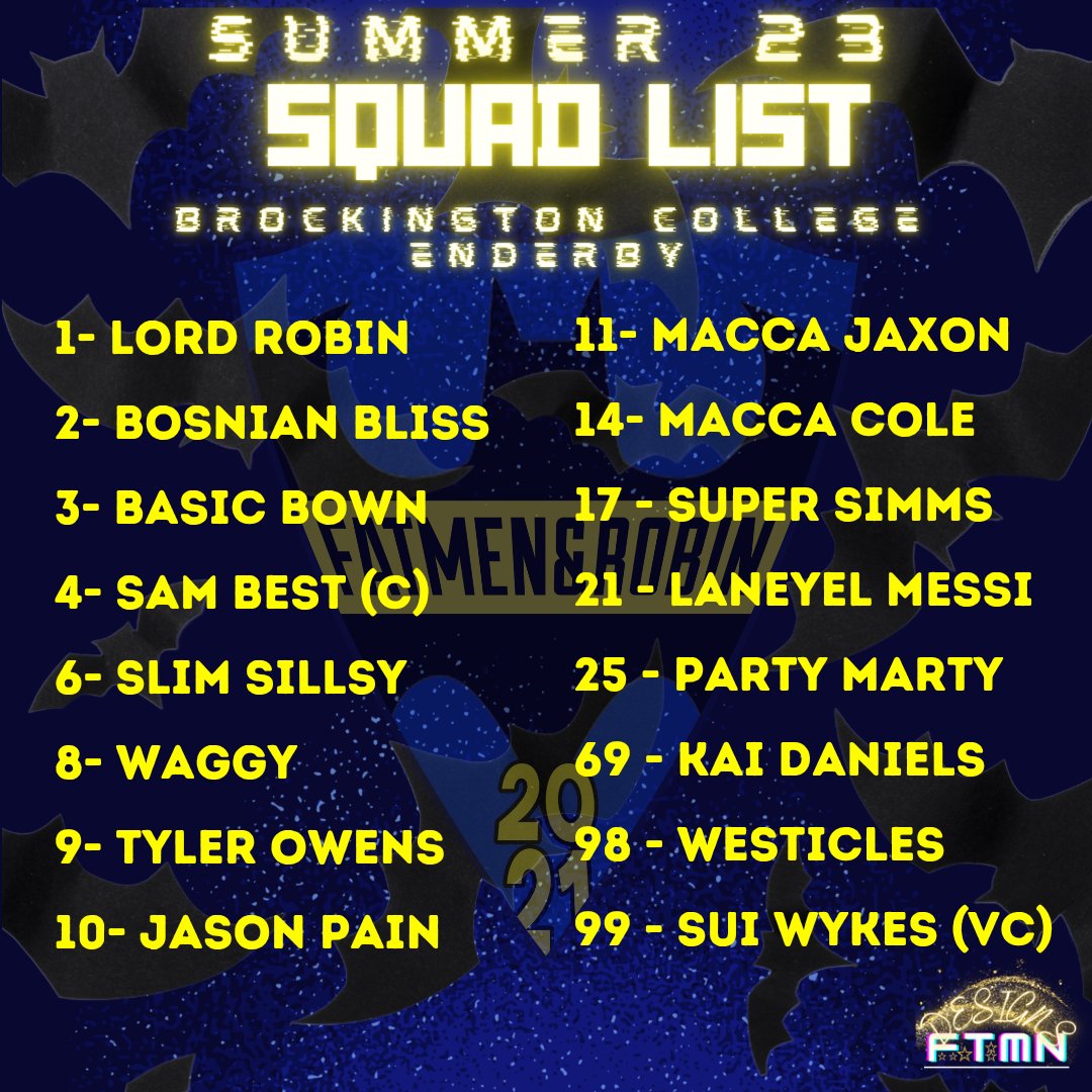 FatmenRobinFC's tweet image. What. A. Team.

Your official squad list for the Summer 2023 @powerplayleague  BCMN Division 3 Season. 🦇