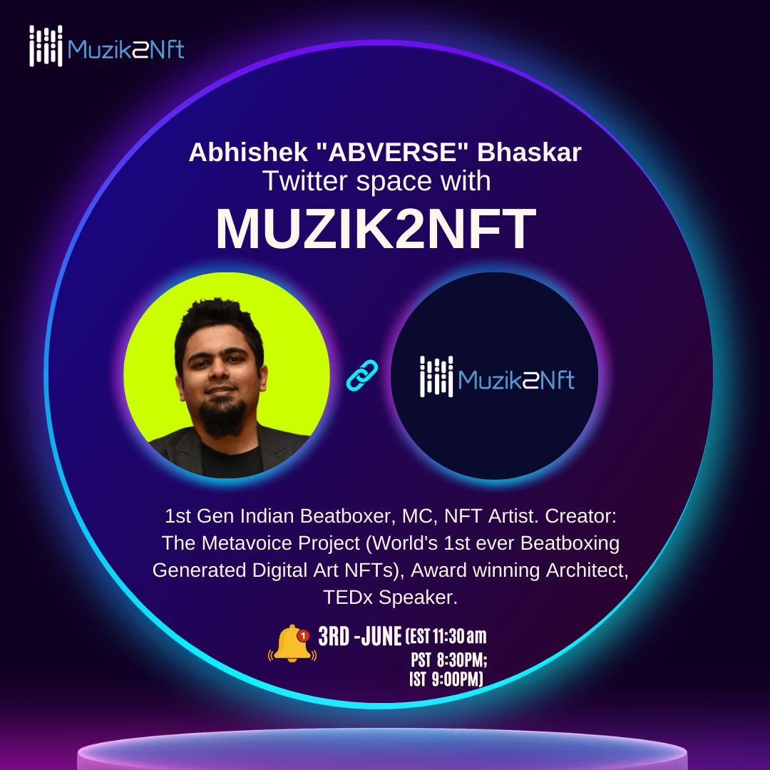 Muzik2nft's tweet photo. Come join us &amp; @iamabverse  for the alpha on the #sonunigam  #musicnft &amp; how web3 will change the music industry +more 
June 3
Bonus we are giving away 
20 Whitelists 
Like &amp; retweet 
&amp; join the space 
Winners will be announced live 
https://t.co/fPEh2wr9Z1 https://t.co/HVqLXQEpRH
