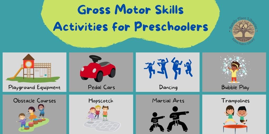 Gross Motor Skills include movements like crawling, walking, jumping, running, climbing & throwing.  Practice with these fun activities!  

#EulessLibrary #FamilyPlaceFriday #FamilyPlaceLibraries #ParentingTips #GrossMotorSkills