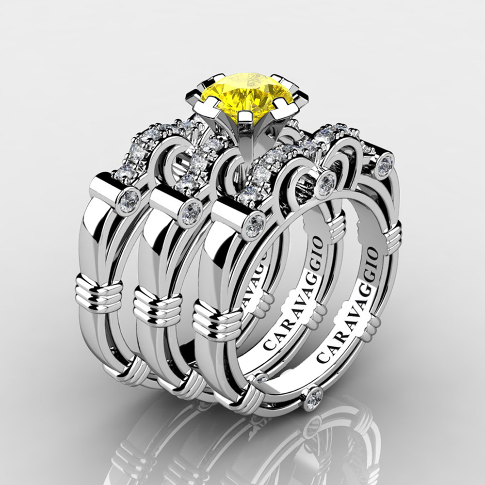 Trio Bridal Set 💎 caravaggiojewelry.com/?p=376857 Art Masters Caravaggio Trio 950 Platinum 1.0 Ct Yellow Sapphire White Diamond Engagement Ring Wedding Band Set R623S3-PLATDYS at Caravaggio™ Jewelry