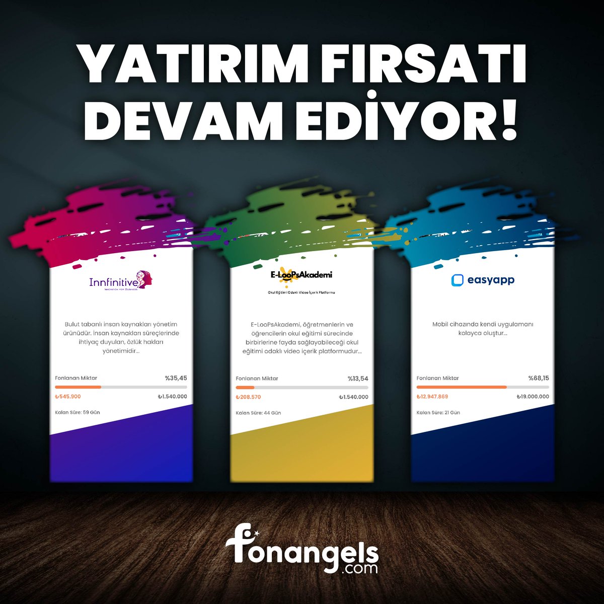 Yatırım fırsatı devam ediyor!

Platformumuzda yatırım turu devam eden Innfinitive, @eloopsakademi ve @easyapp_co'i incelemek ve yatırım yapmak için aşağıdaki linkleri kullanabilirsiniz.

Innfinitive; fonangels.com/kampanyalar/pr…
E-LooPsAkademi; fonangels.com/kampanyalar/pr…
Easyapp;…