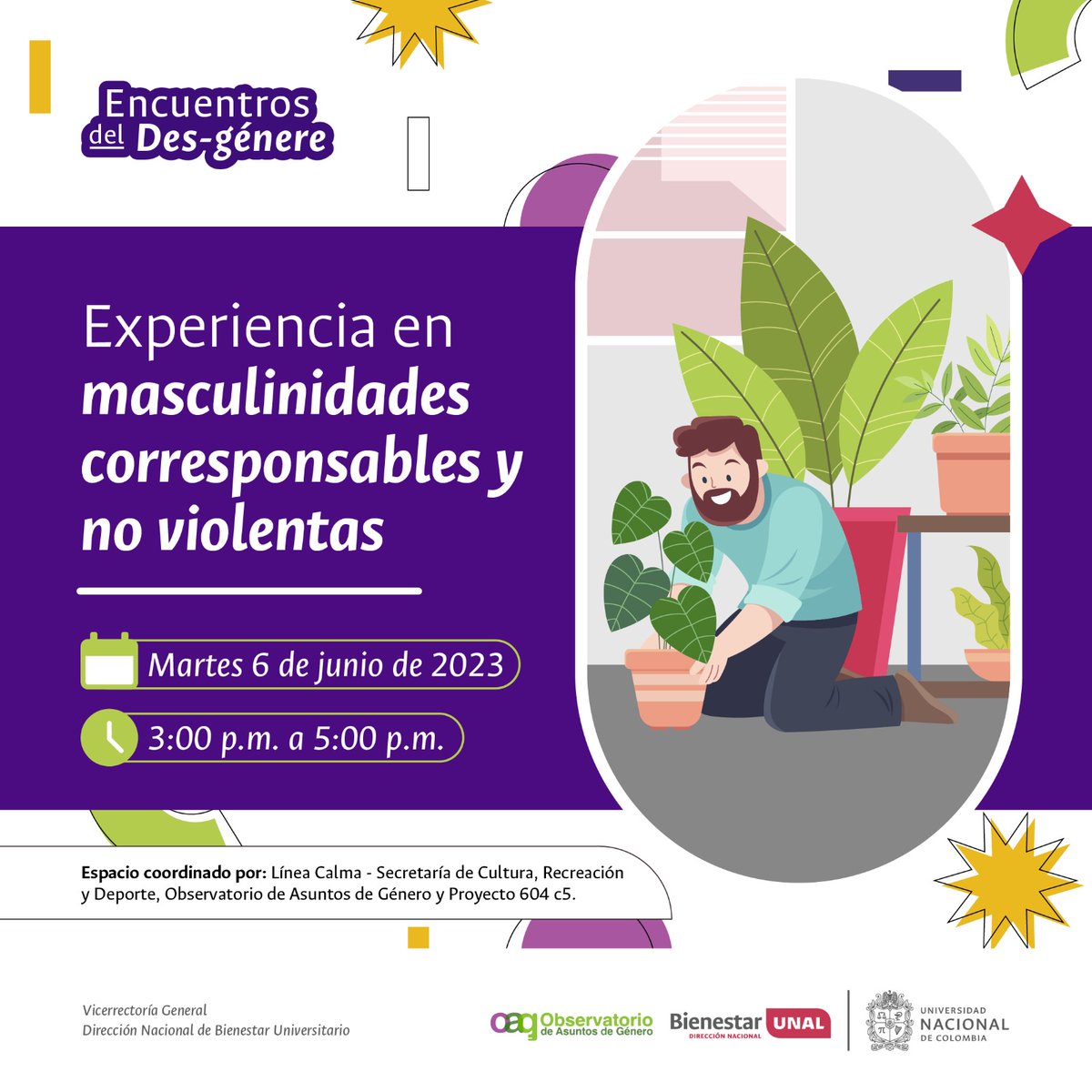 Participa en 'Encuentros del Des-génere' el 6 de junio a las 3:00 PM, una estrategia de prevención y educación para trabajar con hombres en masculinidades corresponsables y no violentas. #SomosAsuntosdeGénero #SomosUNAL 
🙋📆 meet.google.com/tfj-jdqi-xza