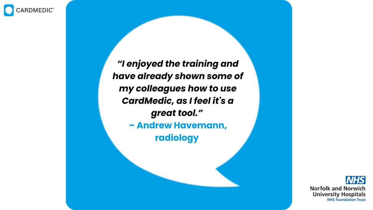 🩺 CardMedic has enabled <a href="/NNUH/">Norfolk and Norwich University Hospitals</a> to reduce health inequalities, and improve patient safety, experience, and care quality.
📢But don’t take our word for it! Here are some testimonials from NNUH staff who have shared the benefits of using CardMedic at the trust: