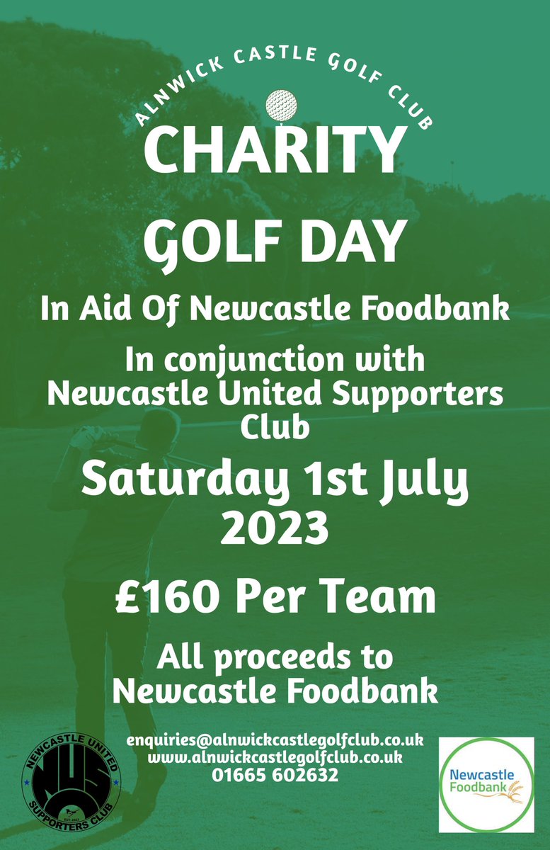 ONE MONTH: One month to go until we host a golf day in conjunction with @Nusc2023 to raise money for the Newcastle Food bank 🏌️‍♂️

Enter online alnwickcastlegolfclub.co.uk/opens

#nufc #golf