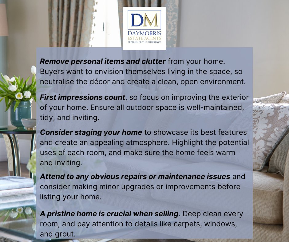 Selling your home? There are several things you can do to make it more appealing to potential buyers. 

We've listed our top five tips! 

If you'd like additional advice specific to your property, contact us for an informal chat.

#Vendors #PropertySales #Top5 #PropertyTips