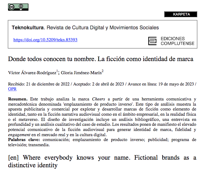 teknokultura's tweet photo. #NuevoNúmeroTK #OnlineFirst @Victor_AlvRod
Vol 20(2) julio-diciembre 2023

Álvarez-Rodríguez V. y Jiménez-Marín G. (2023). Donde todos conocen tu nombre. La ficción como identidad de marca
https://t.co/lw863KEgBB
#teknokultura #UCM #MetodologíaDigital #publicidadigital #identidad https://t.co/Bp8zbFCvRw